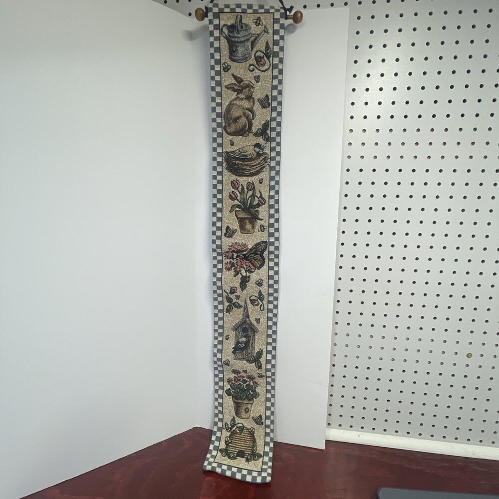 Hanging Tapestry Made In USA Bunnies Flowers Butterfly Birdhouse Birds 38.5x5.5